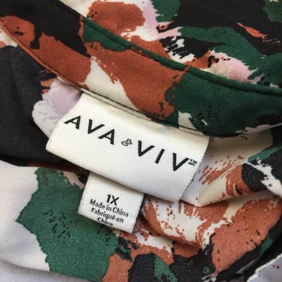 Ava & Viv Button Up Shirt Blouse 1X Womans Plus Green Black Printed Long Sleeve - Picture 9 of 14